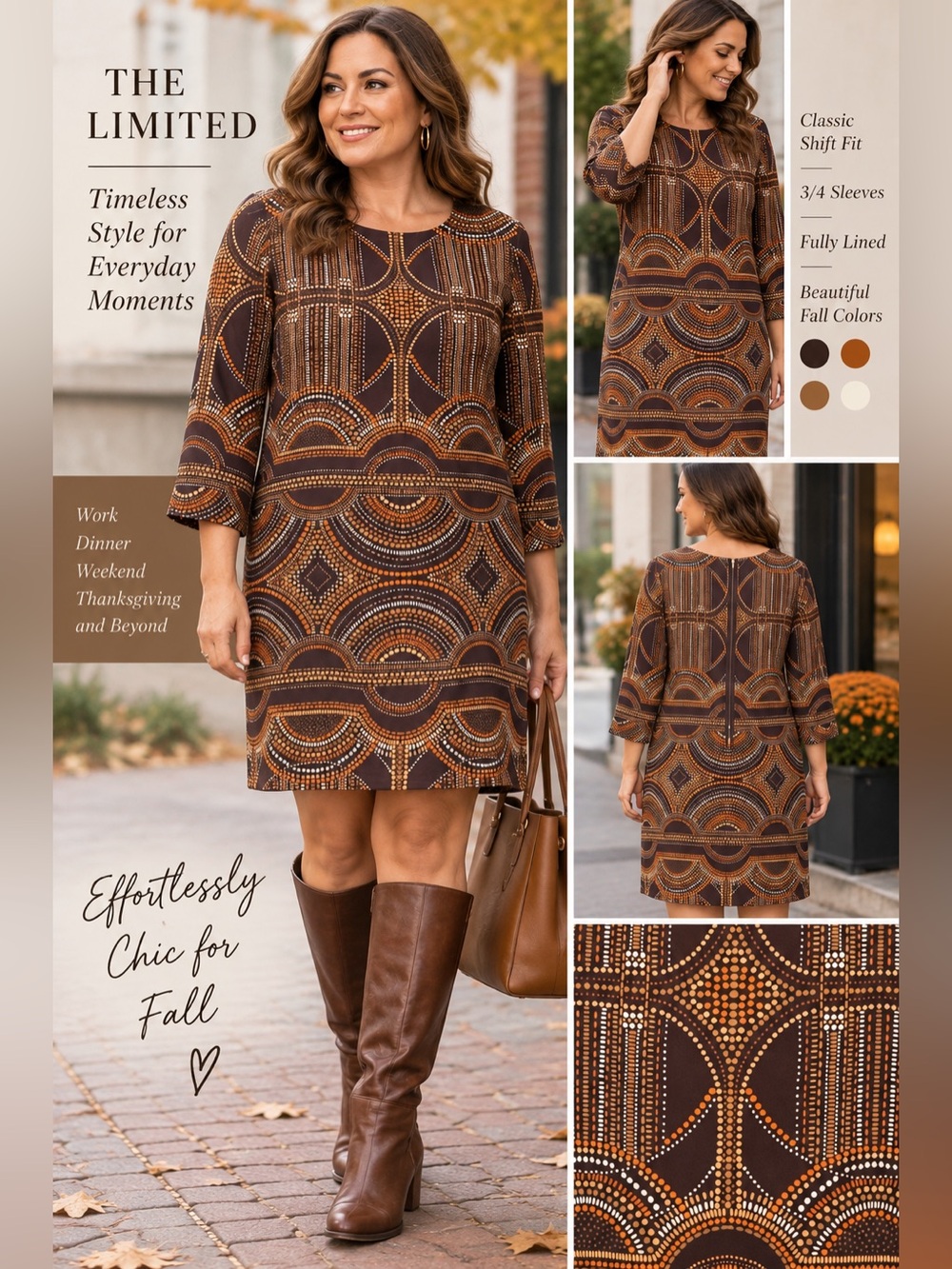 The Limited L Brown Geometric Print Shift Dress Rust Orange Fall 3/4 Sleeve